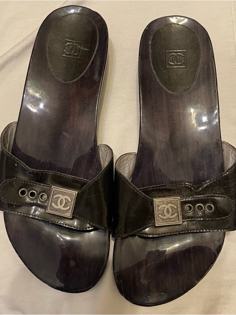 CHANEL Black Patent Leather Slide Mules with CC Square Hardware